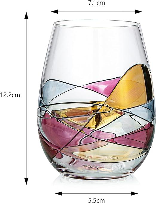 Painted STEMMLESS Wine Glass Box Set - Opener, Stopper, drip Ring, Wine Pourer - 2 Glasses
