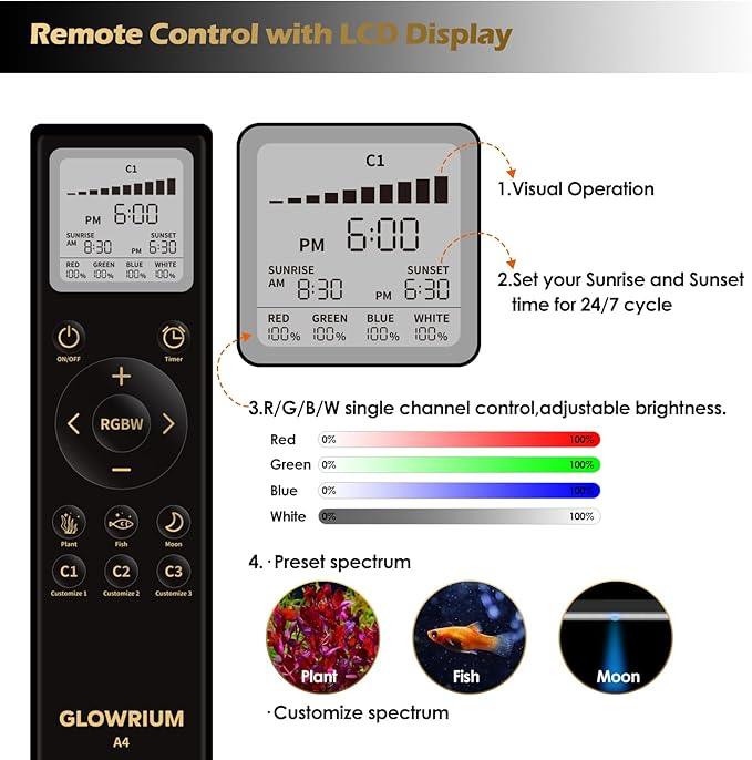 GLOWRIUM LED Aquarium Light with Remote, Full Spectrum Fish Tank Light with Auto Timer, IP67 Waterproof Freshwater Planted Tank Light, Dimmable RGB+W+Moon LEDs with High Performance (27W 36-41inch)
