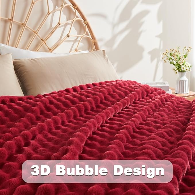 NEWCOSPLAY Faux Fur Throw Blanket Red Bubble Blanket Thick Warm Soft for Couch Sofa Bed 550GSM (Red, Throw(50