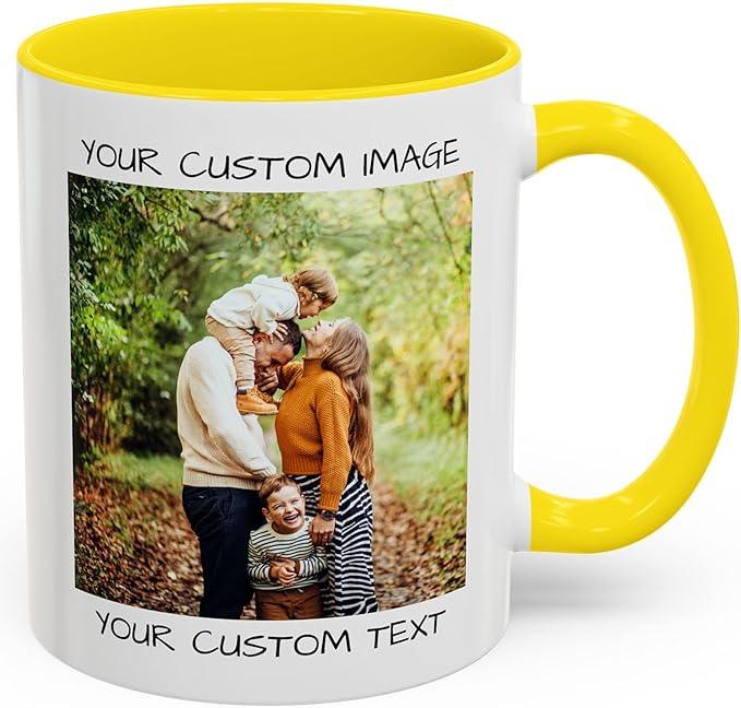 Personalized Coffee Mug – Custom Photo, Text, or Logo Ceramic Mug Tea Cup | Taza Personalizada with Picture or Message | Customized Gift Idea for Men & Women, Mom, Dad, Friends - White/Yellow | 11oz