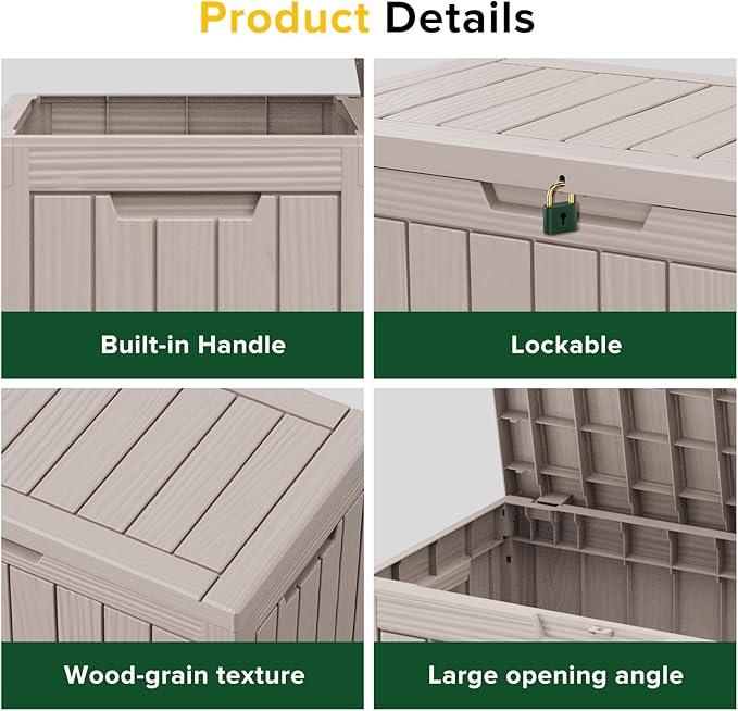 46 Gallon Outdoor Deck Box,Storage Lockable Waterproof Patio Furniture,Garden Tools,Cushions,Pool Accessories Outside Storage Resin Box(Light Brown)