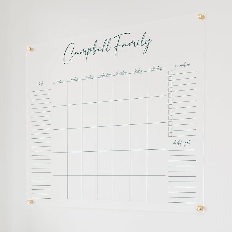 Personalized Clear Acrylic Calendar for Wall, Calendar Whiteboard for Wall, Dry Erase Wall Calendar, Wall Calendar Organizer System for Home (Cursive, Jade, 47.5