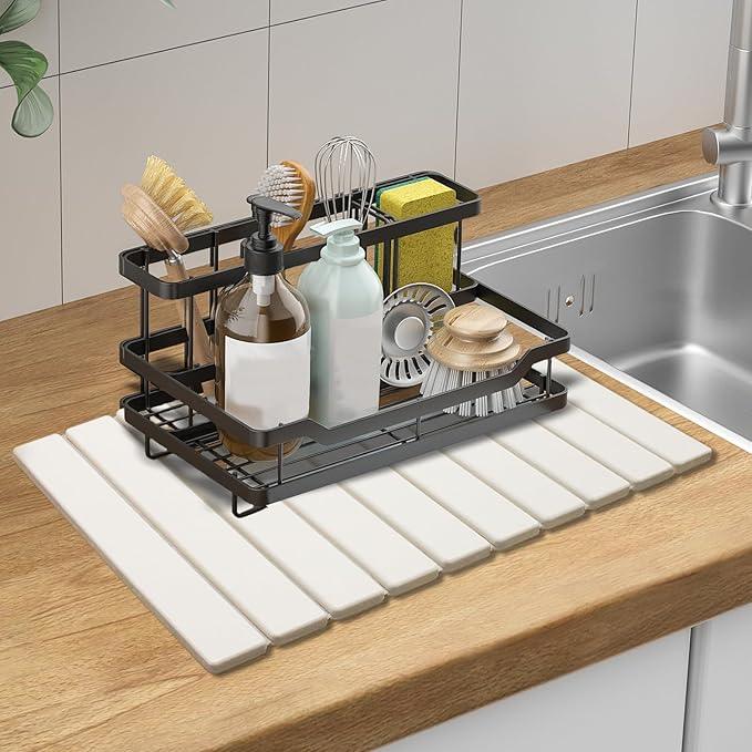 Large Stone Dish Drying Mats for Kitchen Counter, Quick Dry Absorbent Collapsible Dish Drying Mat,Diatomaceous Earth Mats for Dishes Bottles Cups,Match Any Countertop,White 24 * 16inch