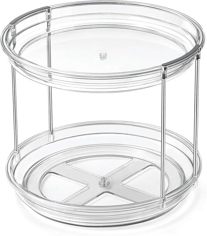 2 Tier Lazy Susan Organizer, 9.25'' Lazy Susan Turntable for Cabinet, Stackable Turntable Organizer Rotating Spice Rack Organization for Kitchen Countertop, Pantry, Bathroom, Clear