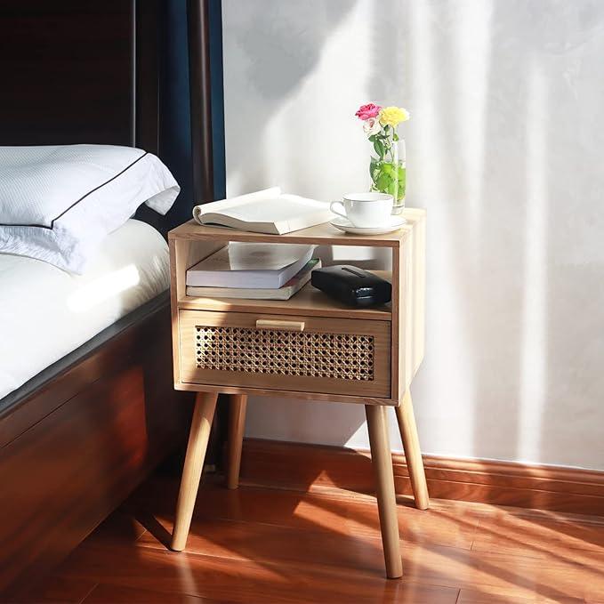 MaxSmeo Modern Nightstand Rattan Side End Table with Storage, for Living Room, Bedroom and Small Spaces, Accent Bedside Farmhouse Tables with Solid Wood Legs, Easy Assembly (Natural Walnut)