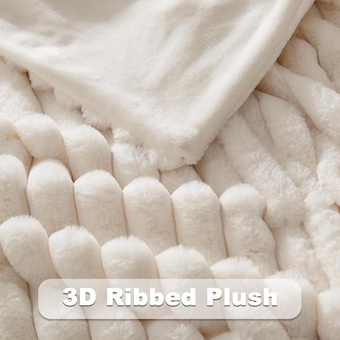 NEWCOSPLAY Faux Fur Twin Blanket Ivory 3D Ribbed Plush Thick Warm Blanket for Couch Sofa Bed 850GSM (Ivory Ribbed, Twin(60
