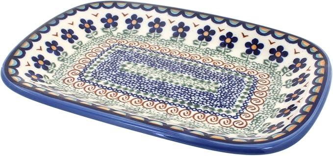 Blue Rose Polish Pottery Aztec Flower Small Rectangular Serving Platter