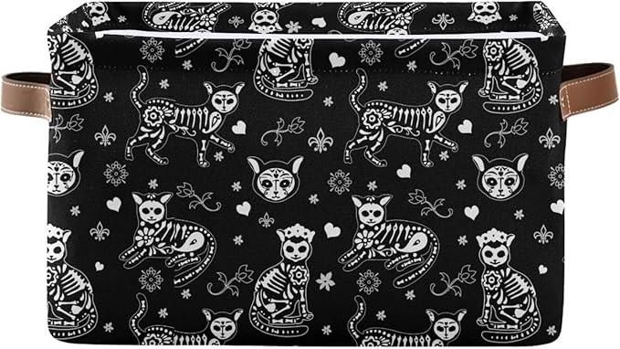Storage Basket Bin Death Helloween Cats Gothic Organizer Basket Collapsible Shelf Basket Cube with handle for Nursery Bedroom Bathroom