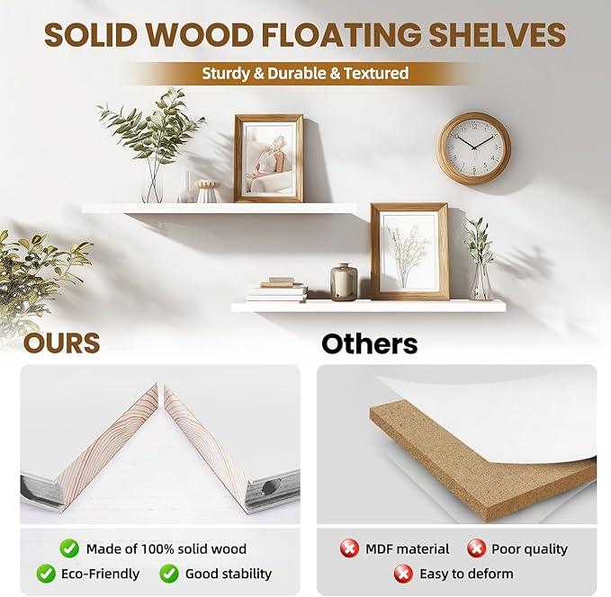 Floating Wall Shelves 2-Pack - 36-Inch Rustic White Wooden Shelves for Storage and Décor, Easy Installation for Living Room, Bedroom, and Kitchen