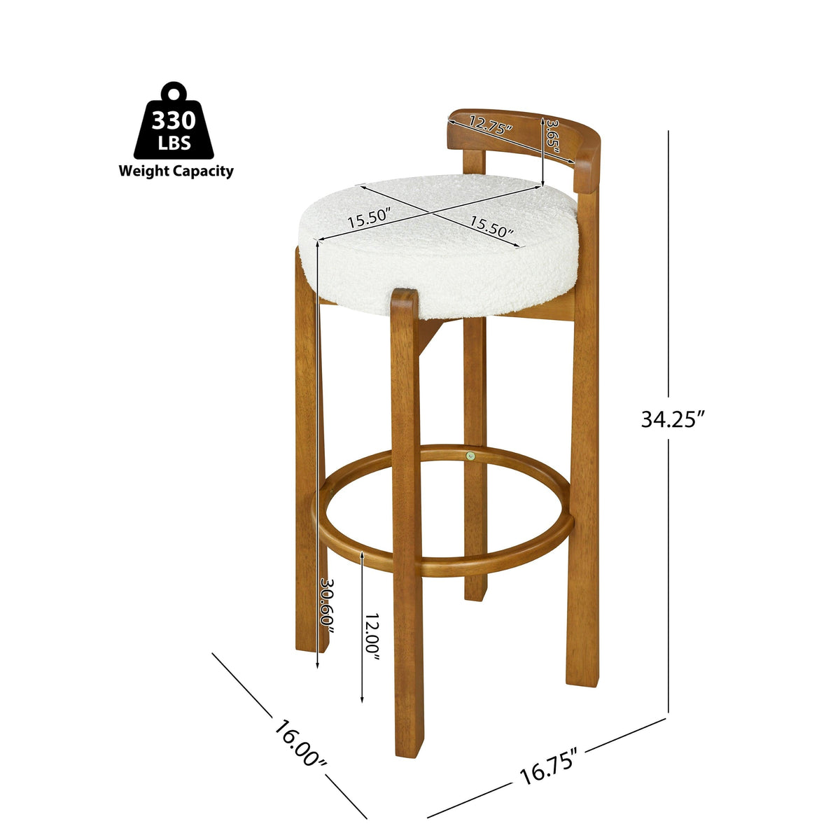 Walnut Wood Bar Stools with White Upholstered Seats – Modern Counter Stools (Set of 2)