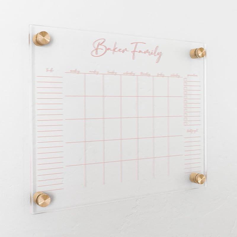 Personalized Clear Acrylic Calendar for Wall, Calendar Whiteboard for Wall, Dry Erase Wall Calendar, Wall Calendar Organizer System for Home (Cursive, Blush, 14