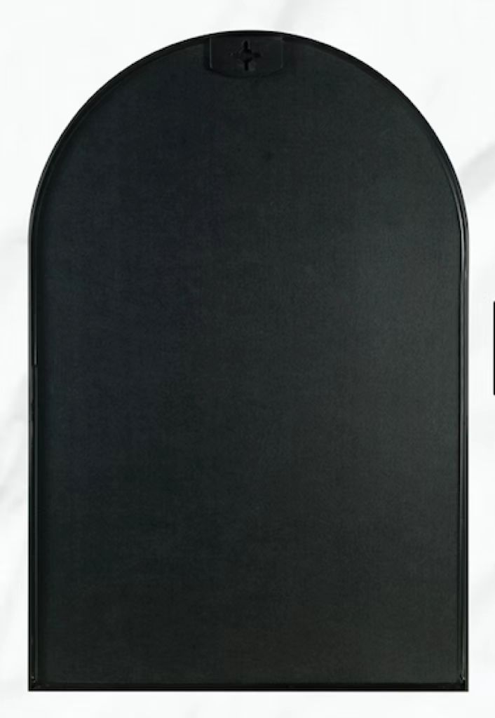 Back view of 24x36 Inch Black Metal Framed Arched Wall Mirror showing the solid black backing and secure mounting design.
