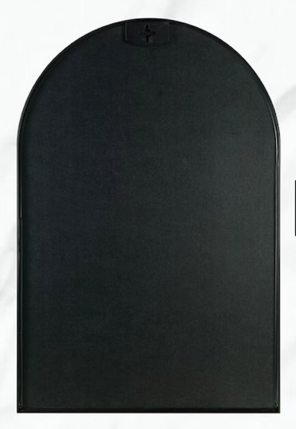Back view of 24x36 Inch Black Metal Framed Arched Wall Mirror showing the solid black backing and secure mounting design.