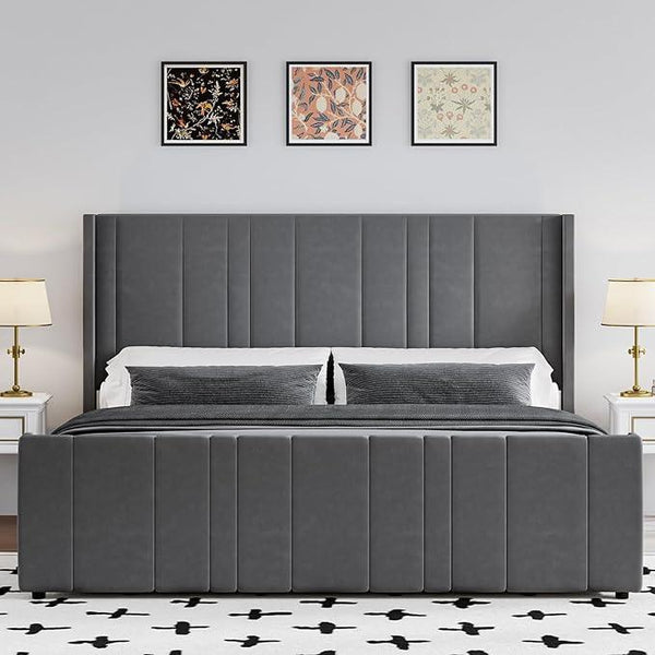 King Size Bed Frame and Headboard, Modern Velvet Upholstered Bed Frame with Vertical Channel Tufted Headboard & Footboard, Soft Bed Frame King, Noise Free, No Box Spring Needed, Easy Assembly, Grey