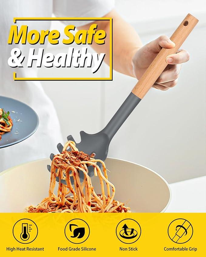 Silicone Pasta Fork and Ladle Spoon Set with Wooden Handle, Heat Resistant Non Stick Kitchen Utensils for Cooking, Stirring, Serving Spaghetti, Soup, Sauce(GRAY)