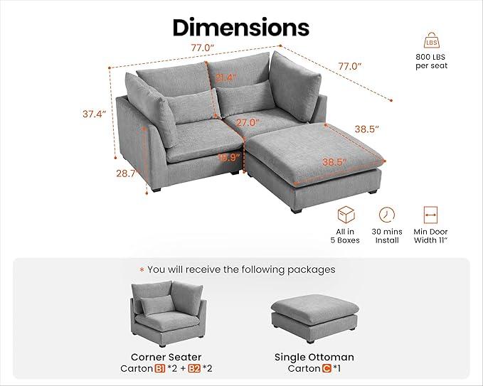 Oversized Modular Sofa, Extra Deep Cloud Chenille Sectional Couch with Ottoman Chaise, Fluffy Chenille Loveseat L Sofa for Living Room, Villa (Loveseat+Ottoman, Chenille Grey)