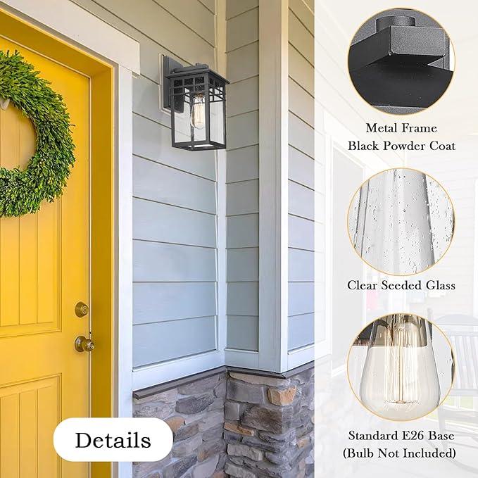 Outdoor Light Fixture Wall Mount, Modern Exterior Lights Fixture Wall Sconces with Seeded Glass for Front Porch, Farmhouse Waterproof Black Carriage Lantern Lamp Outside for Home, Garage, 2 Pack