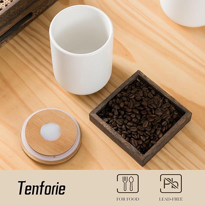 White Canister Sets for Kitchen, 3pcs Ceramic Canisters with Airtight Wooden Lid, Food Storage Jar, Large Kitchen Storage Containers for Serving Coffee Beans, Tea, Sugar, Salt, Spices