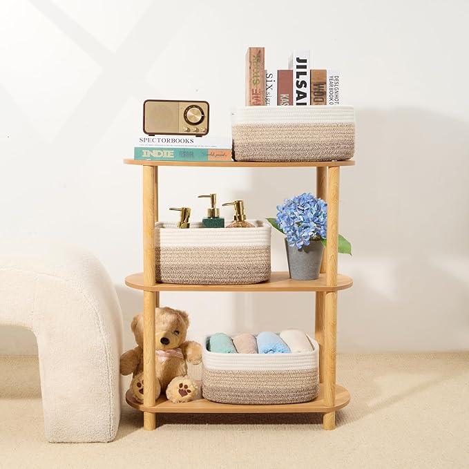 Small Storage Baskets for Organizing | Closet Organizer Bins | Shelf Toy Basket | Woven Rope Baskets | Cube Decorative Box | Shallow Basket | 13x8.5x5.1” | 3 Packs Gradient Brown