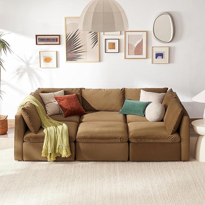 mopio Oversized Modular Sectional Sofa with Fully Removable Covers and Storage, Convertible U, L-Shaped and Sleeper Sectional, Modern Couches with Ottoman Chaise (Hazelnut Velvet, 6 Seats, Sleeper)