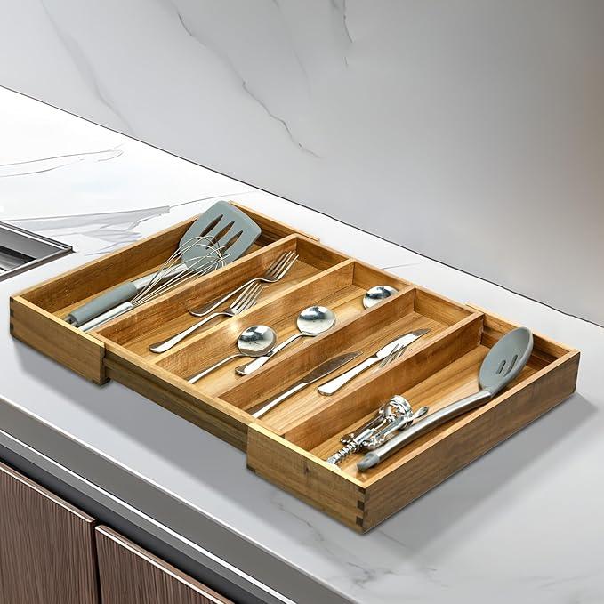VaeFae Acacia Kitchen Silverware Organizer, Cutlery Drawer Organizer with 5 Compartments, Wooden Utensil Holder for Flatware and Cooking Tools
