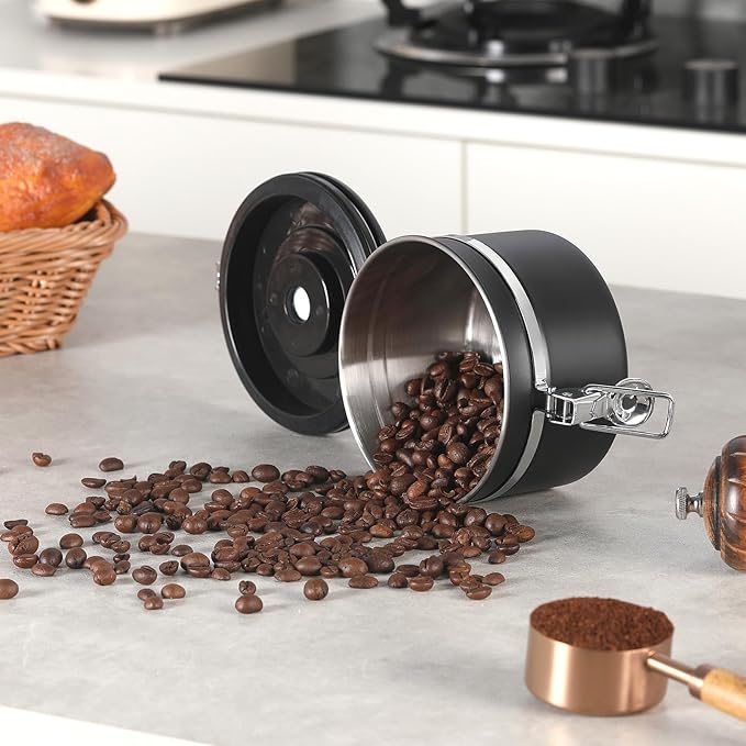 malmo Coffee Canister, Airtight Coffee Container with Date Tracker Lid, Stainless Steel Canister for Kitchen Food Storage (Black, 9oz)