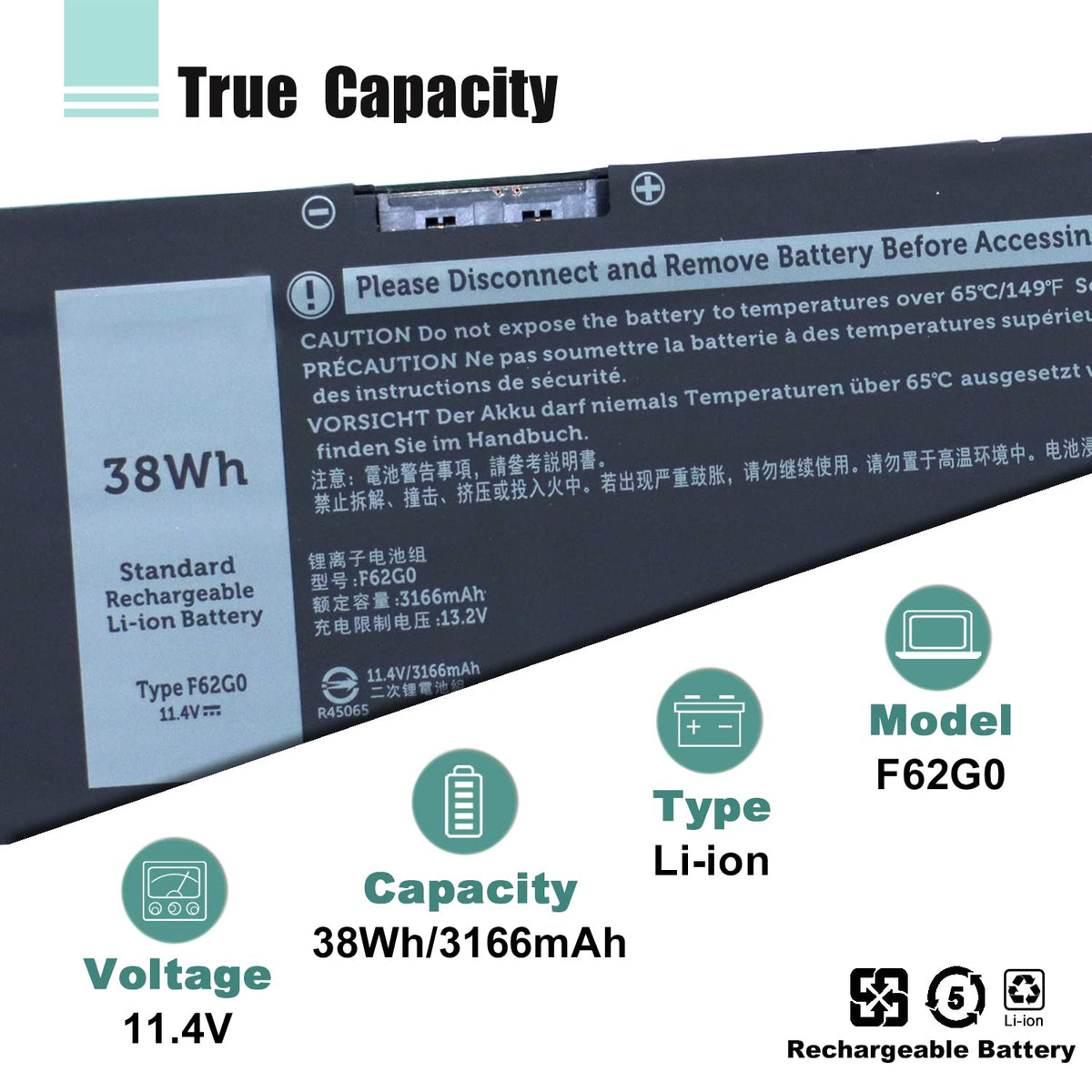 F62G0 Laptop Battery for Dell Inspiron 13 5370 7370 7373 7380