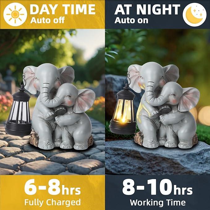 Solar Garden Decor - Mother Baby Elephant Statue with Solar Lantern 7