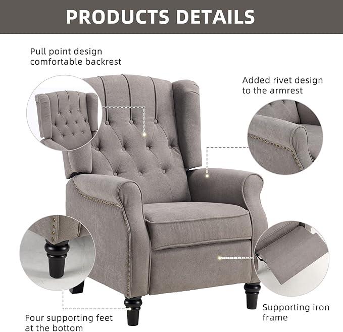 CANMOV Push Back Recliner Chair Set of 2, Modern Fabric Wingback Recliner Chair, Comfy Armchair Single Sofa Accent Chair with Padded Seat and Nailhead Trim, Tufted, Grey