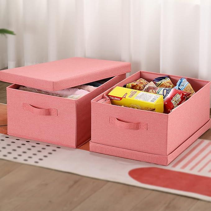 HOONEX Linen Foldable Storage Bins with Lids, 2 Pack, Storage Boxes with Carrying Handles and Sturdy Heavy Cardboard, 16.5