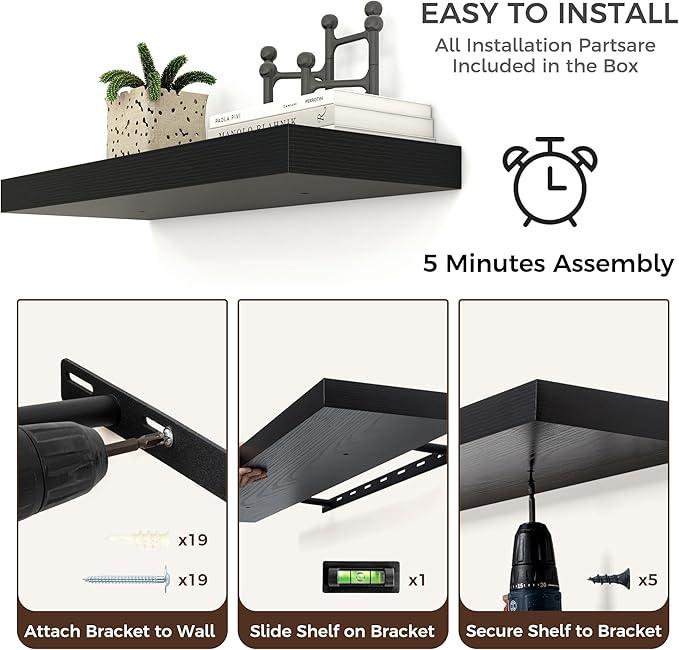 Floating Shelves - 2 Large Wall Mounted Shelves with Invisible Brackets, Long Wood Floating Wall Shelf for Living Room, Bedroom, Kitchen (Black, 36