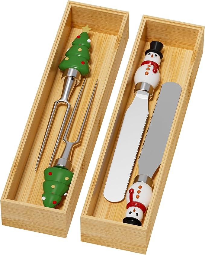 Bamboo Drawer Organizer, Narrow Stackable Cutlery Tray for Kitchen, 2 Pcs Silverware & Utensil Box, 12