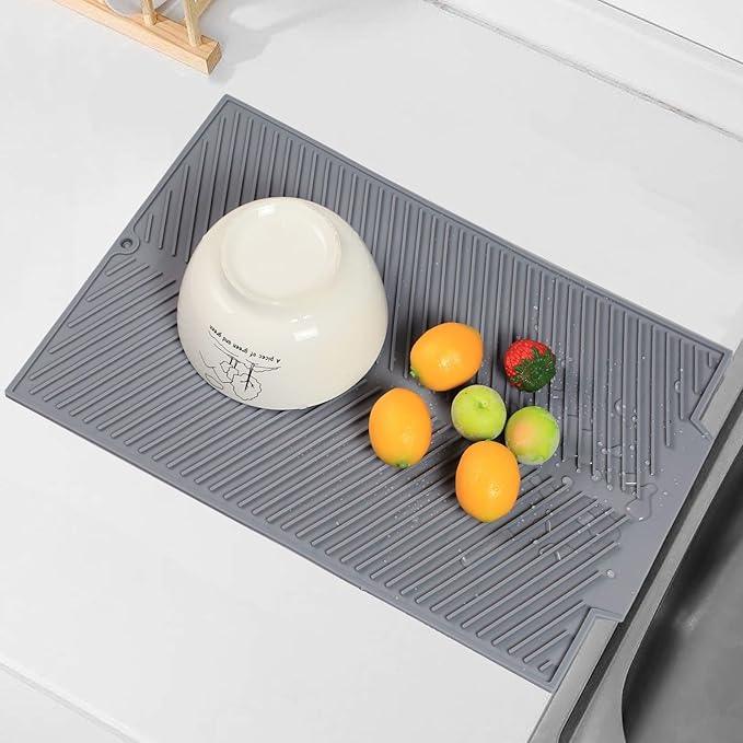 Silicone Dish Drying Mat for Kitchen Counter, 15''x 10'' Drying Mat with Drain Lip, Non-Slip Dish Drainer Mats with Built-in Drain, Heat Resistant Drain Pad on Countertop, Gray