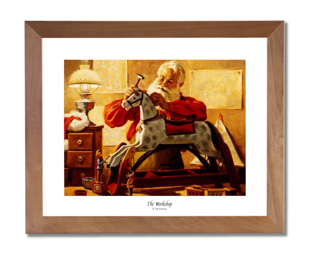 Christmas Art Print – Santa Claus Rocking Horse Picture with Elves, 16x20 Framed