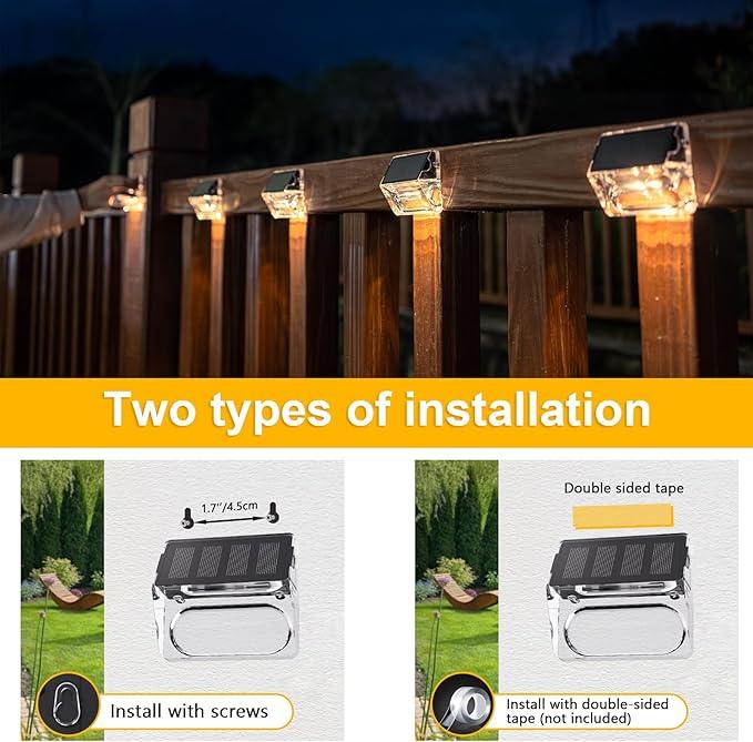 Solar Outdoor Lights, 8 Pack Solar Fence Deck Lights, Waterproof Outside Lighting for Step Railing Wall Pool Stair Yard Garden Patio Pool Decorations (Warm White)