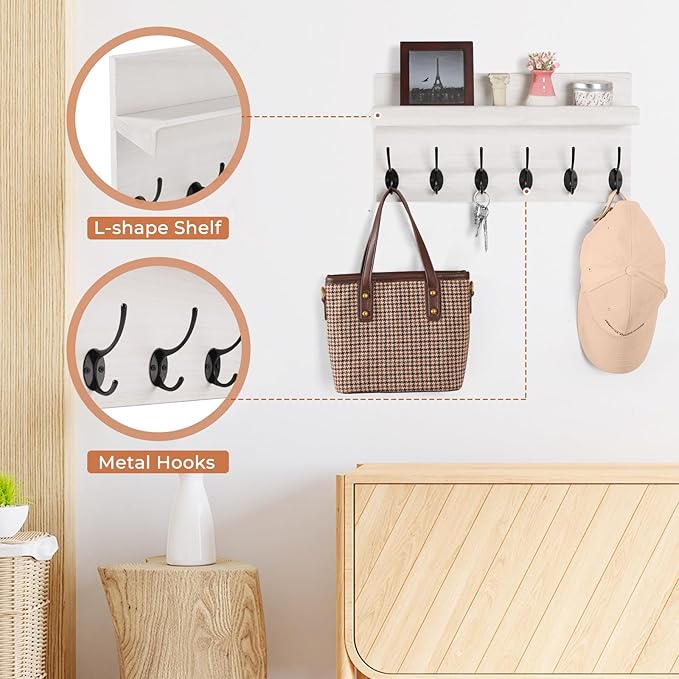 Shelf with Hooks, Coat Rack Wall Mount with 6 Double Metal Hooks, 17 Inch Farmhouse Wall Hooks with Shelf for Entryway, Bathroom, Kitchen, White
