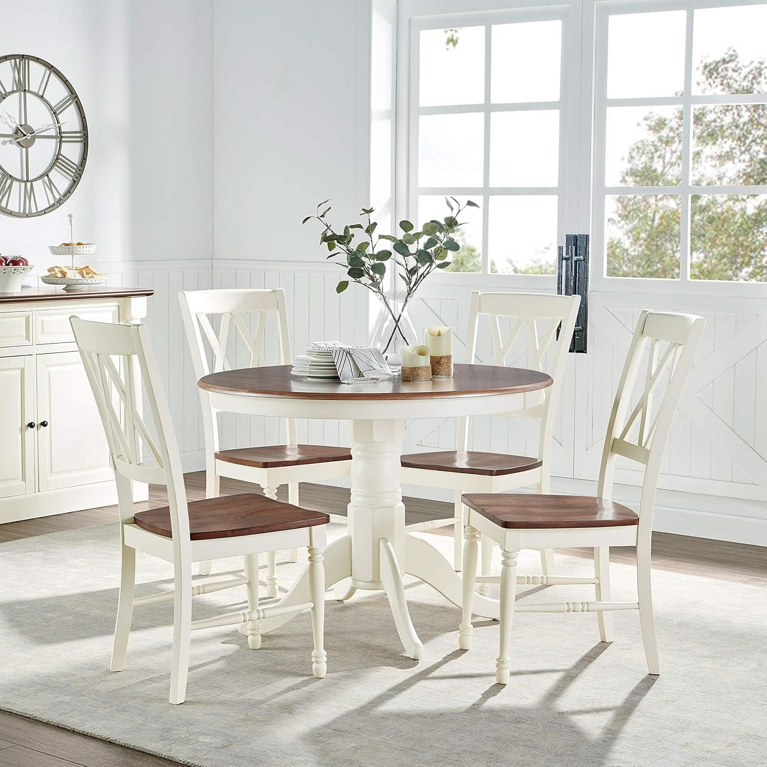 Round Dining Table Set Distressed White Five Piece Set
