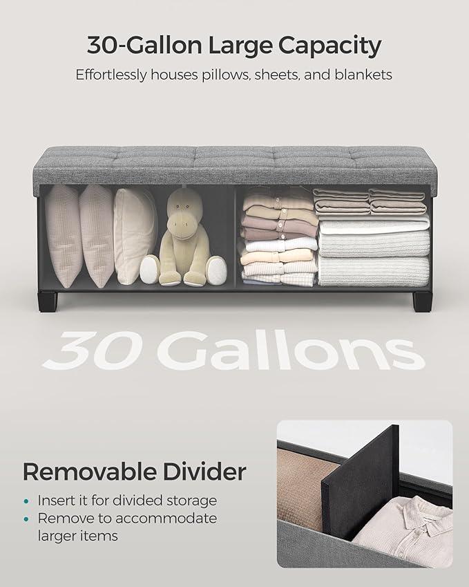 SONGMICS Storage Ottoman Bench, Foldable Foot Rest with Legs, 15 x 43 x 15.7 Inches, End of Bed Bench, Storage Chest, Load up to 660 lb, for Living Room, Bedroom, Entryway, Dove Gray ULSF018G02