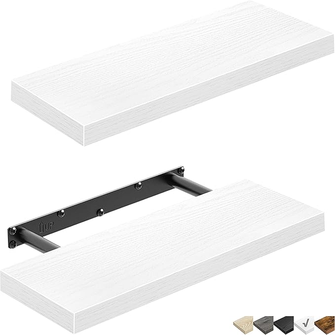 QEEIG Floating Shelves for Wall Bathroom Shelf Bedroom Kitchen Living Room Farmhouse Small Book Shelf 16 inch Set of 2, White (015-W2)