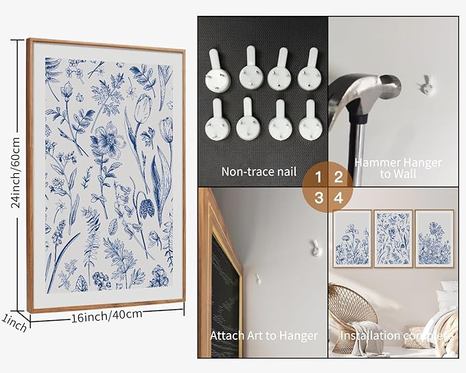 SIGNINART Classic Chinoiserie Framed Canvas Wall Art Set, Blue and White Floral Art Painting, Minimalist Botanical Flower Artwork, Navy Blue Wall Decor for Bedroom, Living Room, Office 16