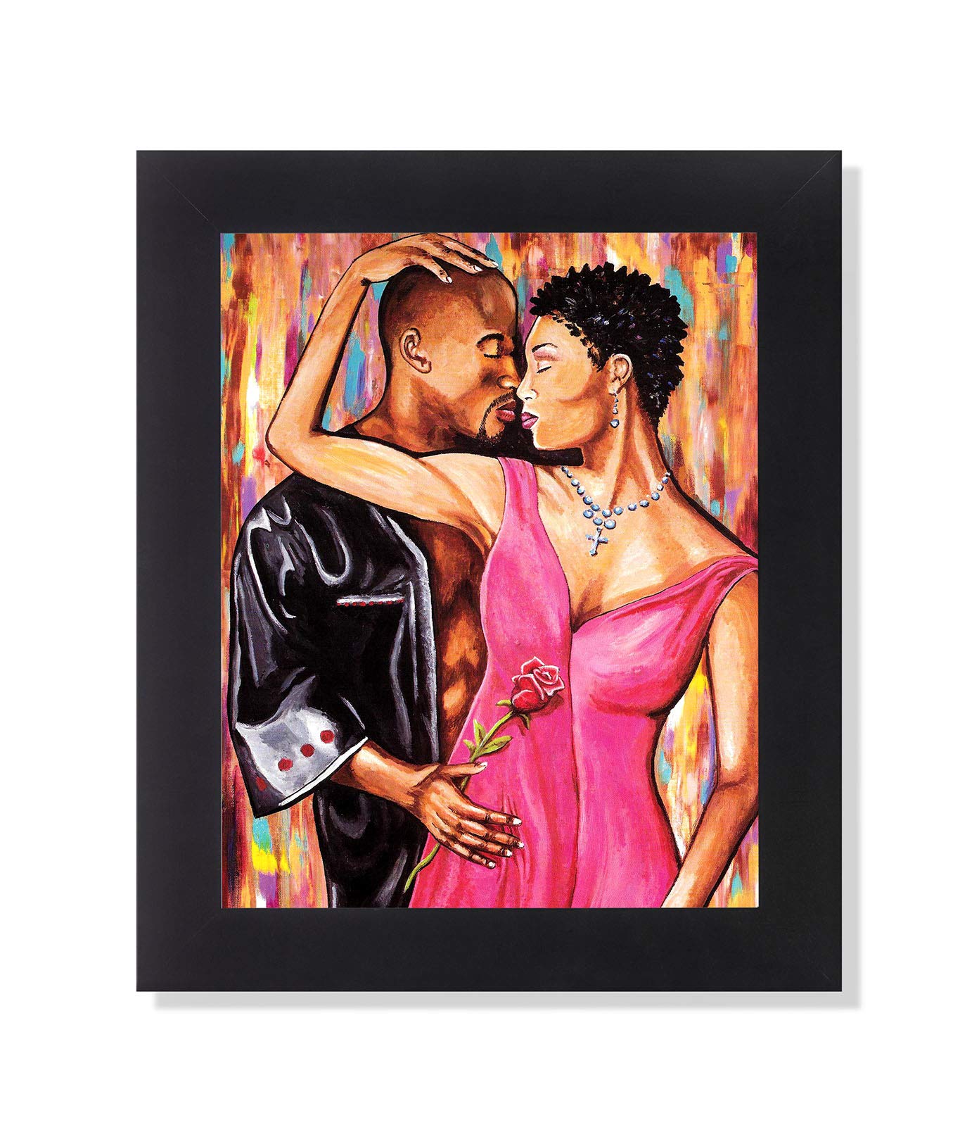 Black Framed Art Print – African American Black Couple 8x10 Rose Love Artwork