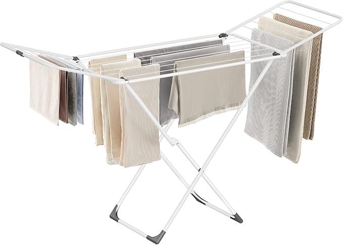 SONGMICS Clothes Drying Rack, Metal Laundry Drying Rack, Foldable, Space-Saving, Free-Standing Airer, with 2 Gullwings, Indoor Outdoor Use, Bed Linen Clothing, White ULLR540W01