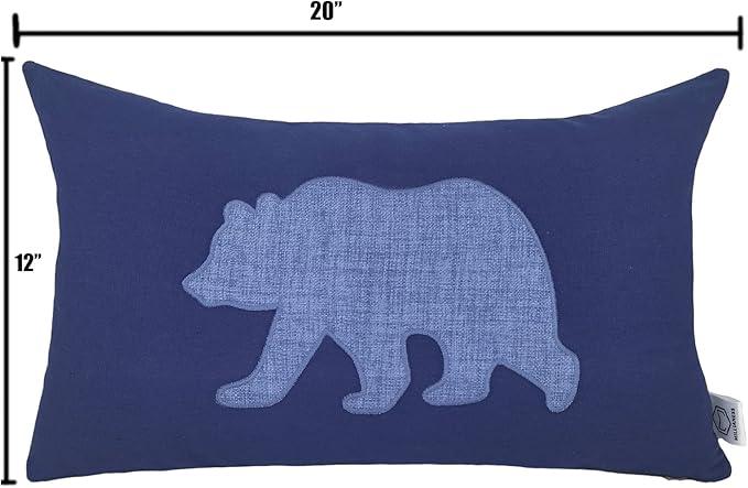 Lumbar Pillow Covers 12x20 Inches Bear Decorative Cotton Linen Throw Lumbar Waist Embroidered Cushions Covers for Couch Sofa Bedroom (Blue)