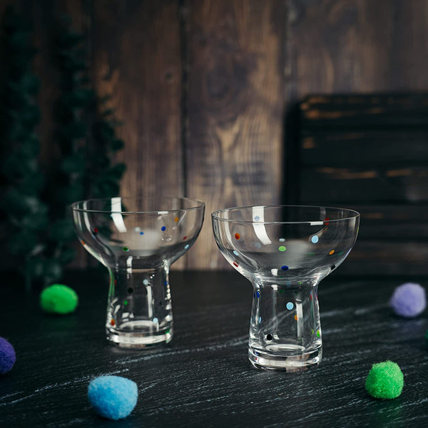 The Wine Savant Hand Blown Margarita Glass – Luxury Hand Blown Confetti Margarita, Martini & Champagne Glasses Cinco de Mayo, Hand Blown Glass – Large Party (Polka Dot Vintage Design)