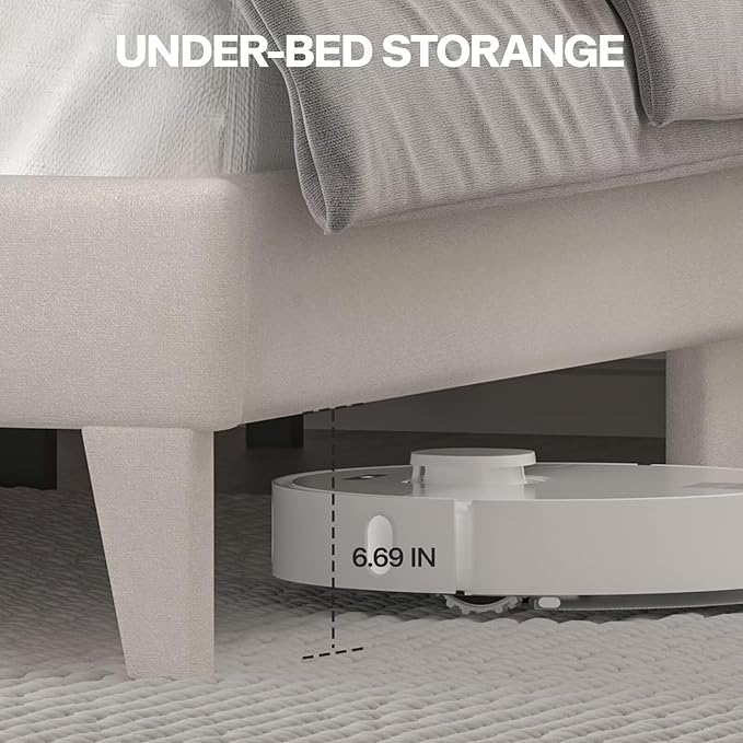 Queen Size Bed Frame with LED Lights, Upholstered Bed Frame with Wingback Diamond Tufted Headboard, Wood Slats Support, Noise-Free, Easy Assembly, No Box Spring Needed, Beige
