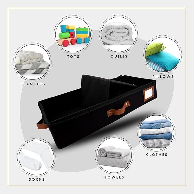HOMELUX THEORY 2pc Under Bed Storage Containers, Bedroom Under the Bed Drawer Storage Organizer with Bins and Lids, Medium Underbed Clothes Storage Box Ideal for Blanket, Fabric, & Shoes (Black)