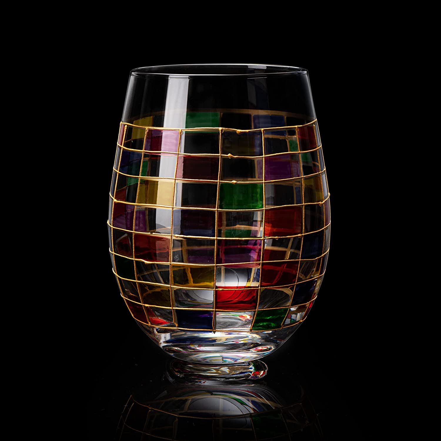 The Wine Savant Crystal New Years Artisanal Hand Painted Stemless Glasses Set of 2 - Rennesance Romantic Stain-glassed Windows - Festive Holiday Perfect for Holidays Parties, Gifts for Him & Her