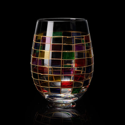 The Wine Savant Crystal New Years Artisanal Hand Painted Stemless Glasses Set of 2 - Rennesance Romantic Stain-glassed Windows - Festive Holiday Perfect for Holidays Parties, Gifts for Him & Her