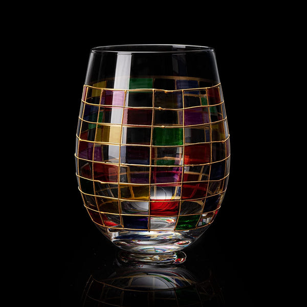 The Wine Savant Crystal New Years Artisanal Hand Painted Stemless Glasses Set of 2 - Rennesance Romantic Stain-glassed Windows - Festive Holiday Perfect for Holidays Parties, Gifts for Him & Her