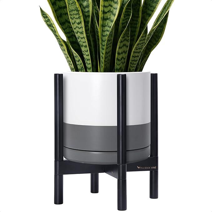 D'vine Dev Ceramic Planter with Ebony Stand - 12 Inch Modern Round Flower Pot with Wood Planter Holder, White/Grey, 55-B-H-6